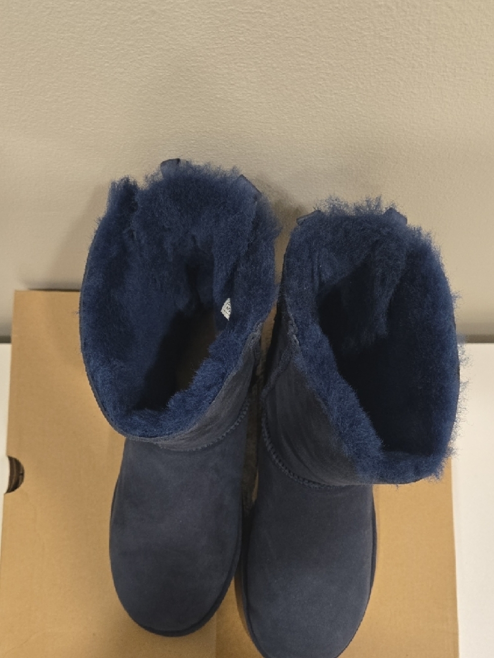 UGG Navy Short Suede Boots with Shearling Trim, 2x Bows On Each Boot - Picture 13 of 16